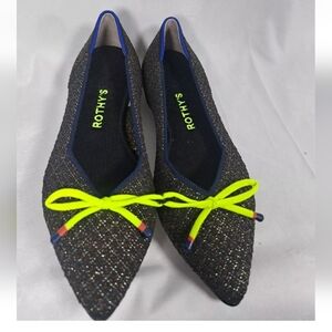 Rothy's Point Blue Silver Neon Bow tie Women's Shoe Flats Slip Ons Size 6.5 NWOB